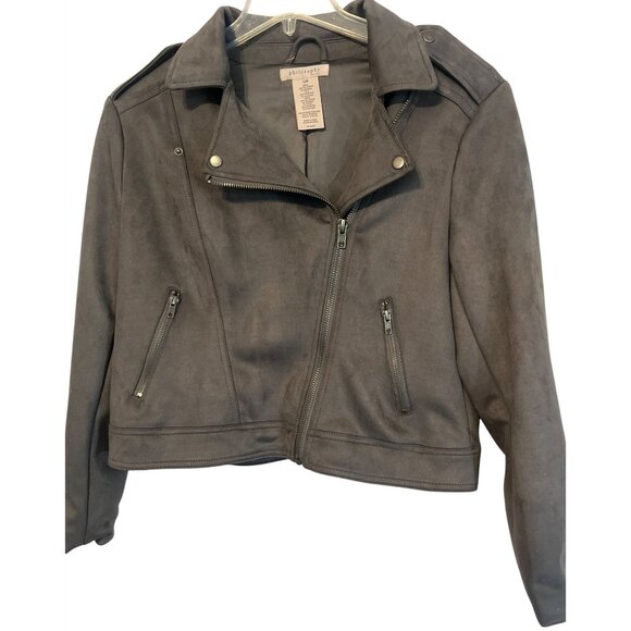Philosophy Gray Faux Suede Moto Jacket L/G With Zipper Pockets & Snap Details - Picture 1 of 8
